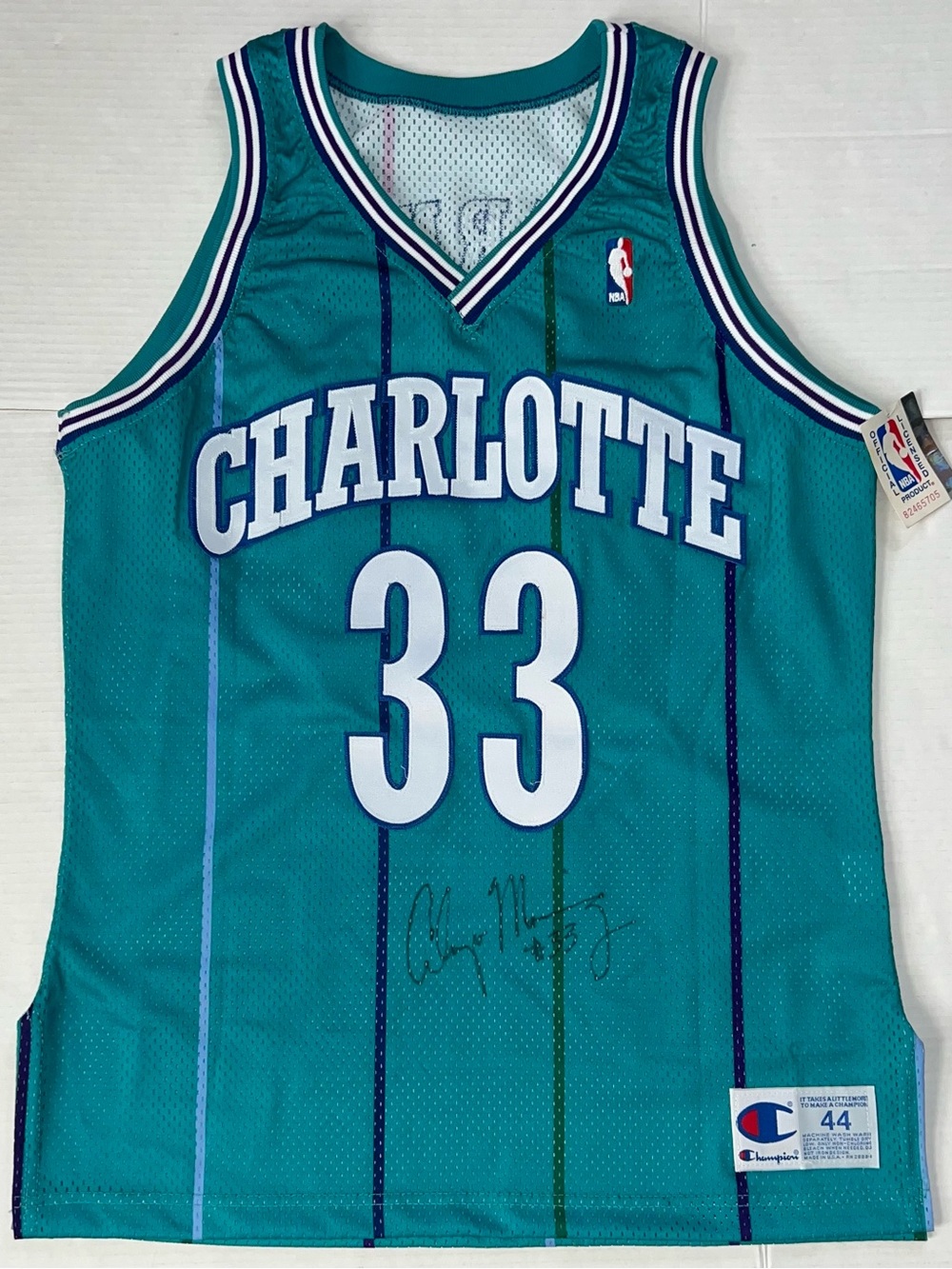New 90s Authentic Alonzo Mourning Charlotte Hornets Champion Jersey 44 Signed